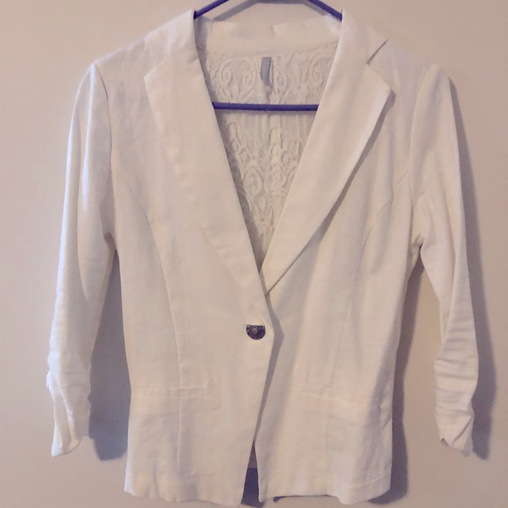 White jacket. Pairs well with the strapless blue dress listed in my closet.